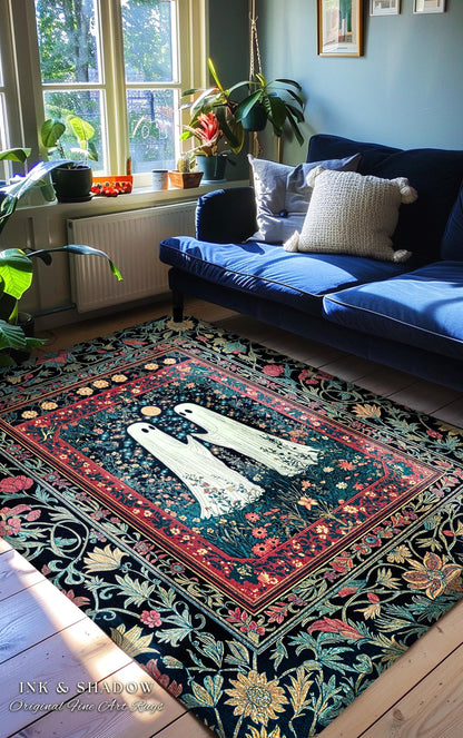Maximalist Gothic Ghost Area Rug | Moody Whimsigoth Bedroom Decor Cozy Halloween Accent Celestial Floral Gothic Haunted Spirit Enchanted Rug
