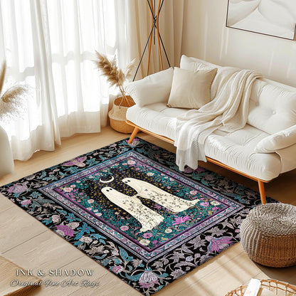 Dark Moody Floral Ghost Area Rug | Whimsigoth Witchy Halloween Bedroom Decor Celestial Cottagecore Spirit Haunted Accent Dark Academia Style