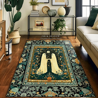 Autumn Aesthetic Cute Ghost Rug | Whimsical Scandinavian Halloween Decor Dark Cottagecore Haunted Home Accent Celestial Enchanted Style |