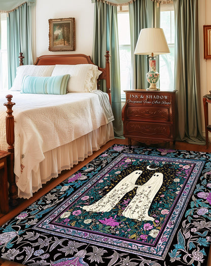 Dark Moody Floral Ghost Area Rug | Whimsigoth Witchy Halloween Bedroom Decor Celestial Cottagecore Spirit Haunted Accent Dark Academia Style