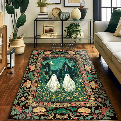 Twilight Floral Ghost Area Rug | Dark Academia Woodland Bedroom Accent Spooky Decor Witchy Fairytale Rug Enchanted Forest Cute Halloween |