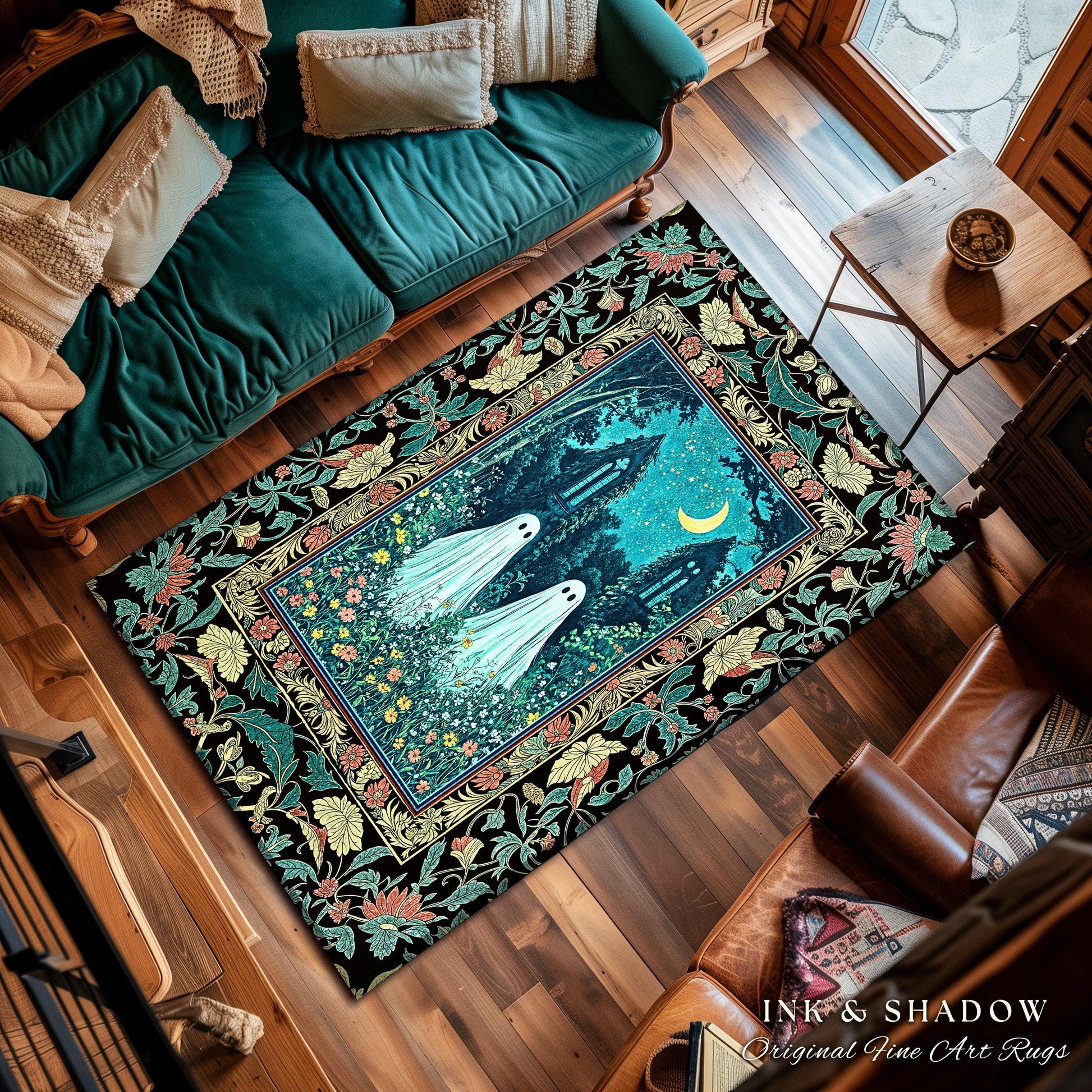 Witchy Baroque Ghost Garden Rug | Cozy Halloween Accent Enchanted Ghost Decor Whimsical Academia Bedroom Celestial Cottagecore Floral Style