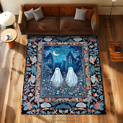 Phantom Friends Celestial Ghost Rug | Whimsical Dark Cottagecore Bedroom Accent Spooky Cute Halloween Decor Enchanted Gothic Dark Academia