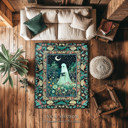 Twilight Magic Reading Ghost Rug | Mystical Cottagecore Halloween Rug Celestial Haunted Book Nook Accent Whimsigoth Home Decor Bookish Style