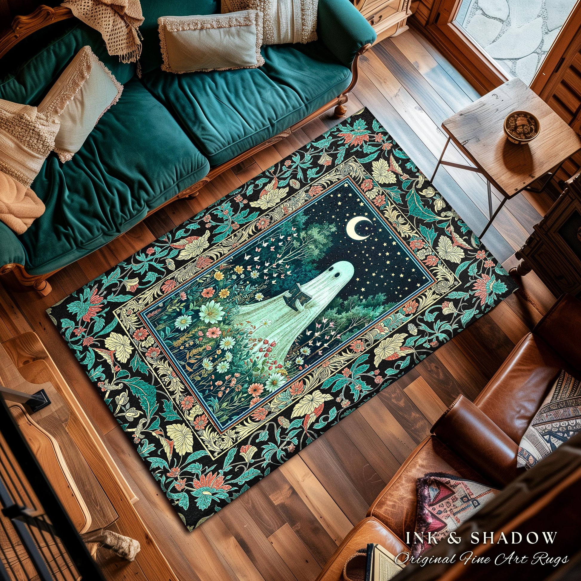 Twilight Magic Reading Ghost Rug | Mystical Cottagecore Halloween Rug Celestial Haunted Book Nook Accent Whimsigoth Home Decor Bookish Style