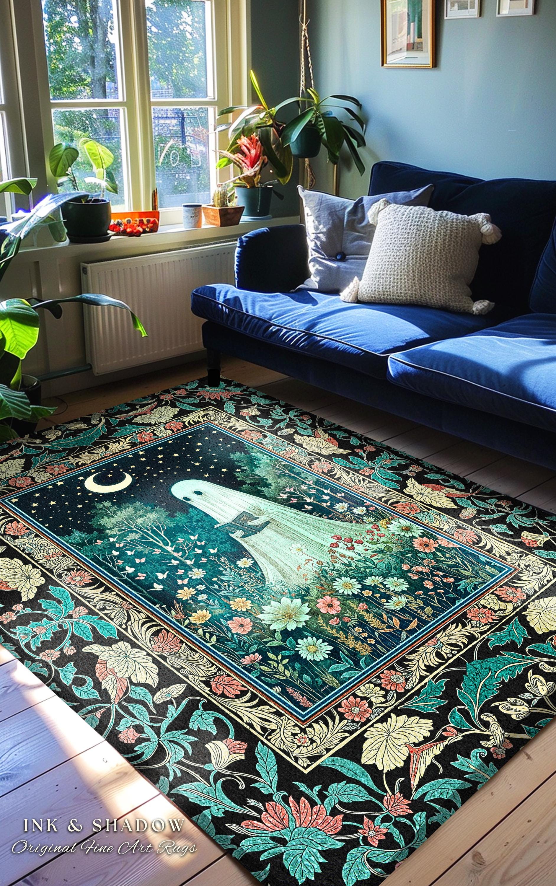 Twilight Magic Reading Ghost Rug | Mystical Cottagecore Halloween Rug Celestial Haunted Book Nook Accent Whimsigoth Home Decor Bookish Style
