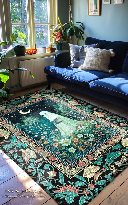 Twilight Magic Reading Ghost Rug | Mystical Cottagecore Halloween Rug Celestial Haunted Book Nook Accent Whimsigoth Home Decor Bookish Style