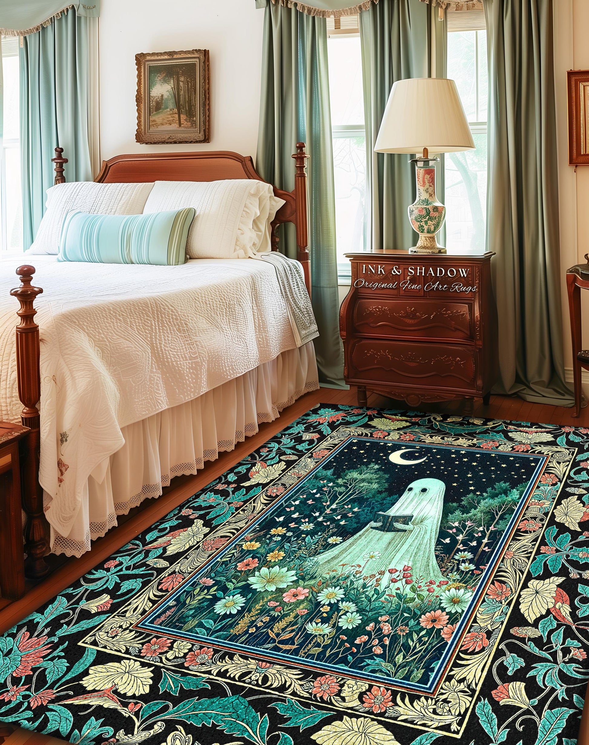 Twilight Magic Reading Ghost Rug | Mystical Cottagecore Halloween Rug Celestial Haunted Book Nook Accent Whimsigoth Home Decor Bookish Style