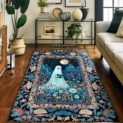 Dark Floral Full Moon Ghost Area Rug | Whimsigoth Book Nook Rug Mystical Halloween Accent Cottagecore Bedroom Reader Home Decor Autumn Style