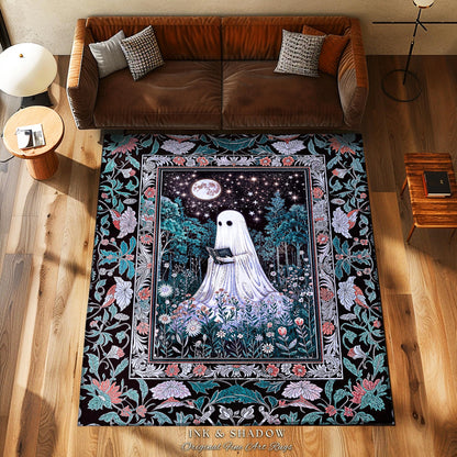 Bookish Aesthetic Celestial Ghost Rug | Mystical Cottagecore Bedroom Accent Halloween Reading Rug Whimsigoth Home Decor Witchy Gothic Style