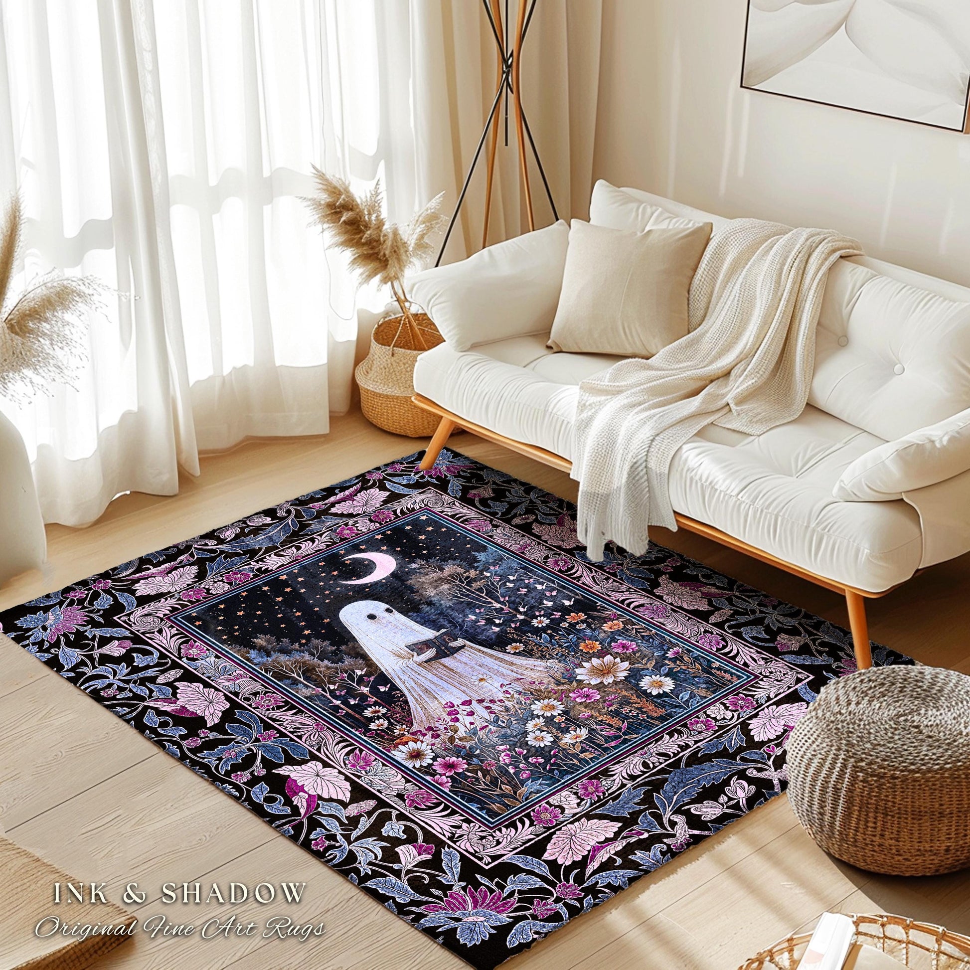 Pastel Witchy Reading Ghost Area Rug | Lavender Purple Whimsigoth Autumn Reading Bedroom Rug Mystical Cottagecore Decor Celestial Accent |