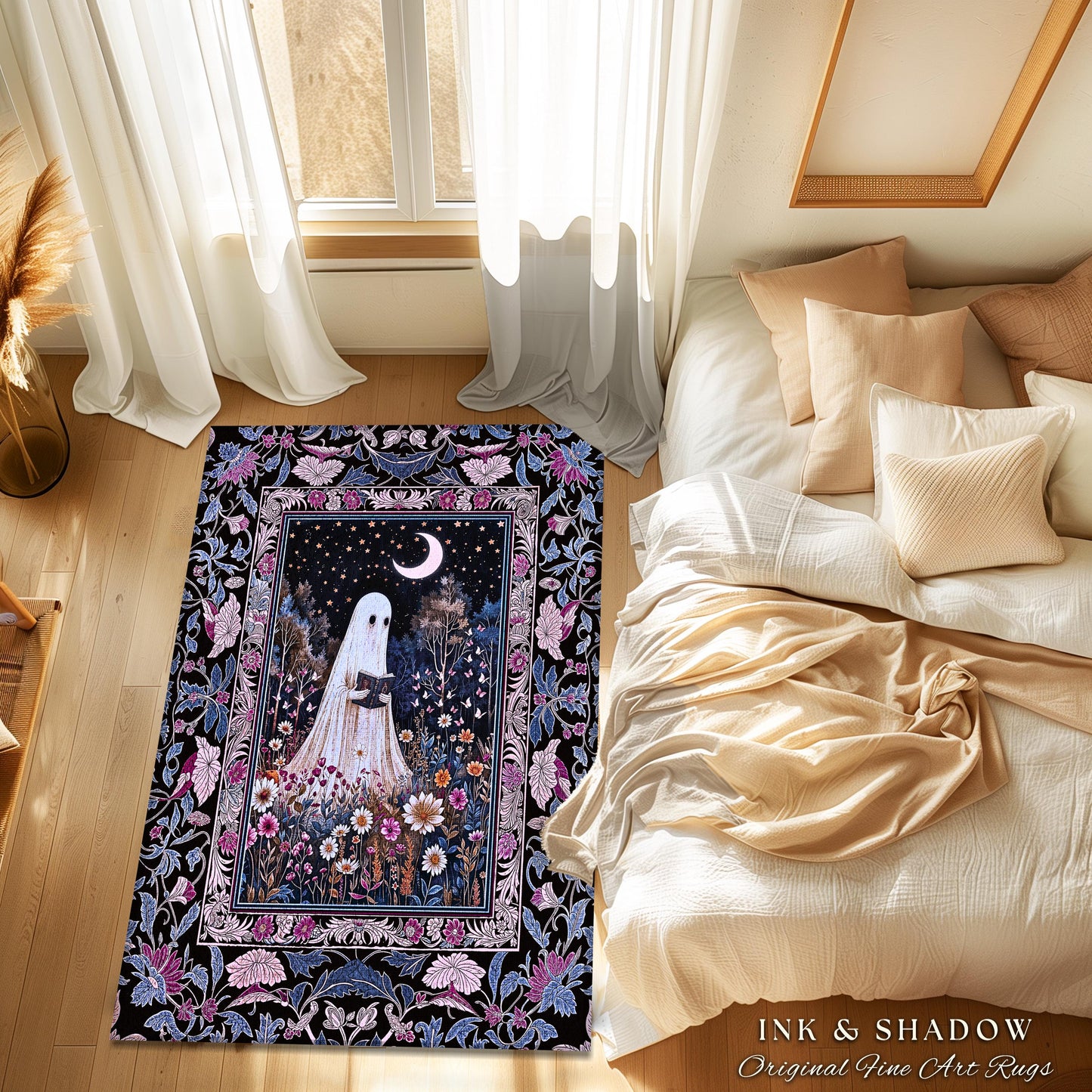 Pastel Witchy Reading Ghost Area Rug | Lavender Purple Whimsigoth Autumn Reading Bedroom Rug Mystical Cottagecore Decor Celestial Accent |