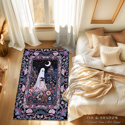 Pastel Witchy Reading Ghost Area Rug | Lavender Purple Whimsigoth Autumn Reading Bedroom Rug Mystical Cottagecore Decor Celestial Accent |