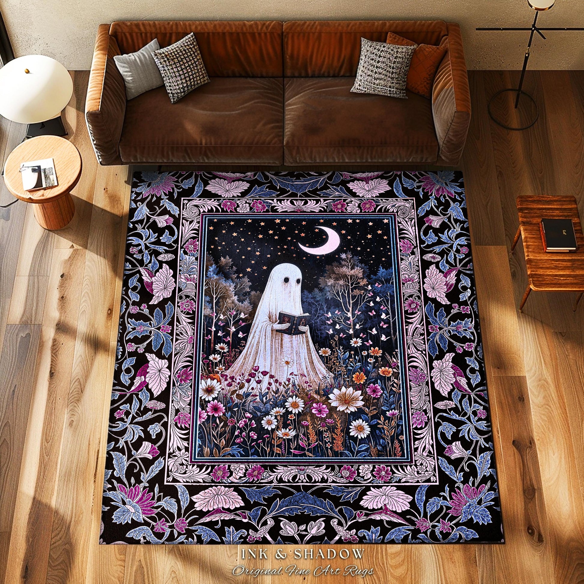 Pastel Witchy Reading Ghost Area Rug | Lavender Purple Whimsigoth Autumn Reading Bedroom Rug Mystical Cottagecore Decor Celestial Accent |