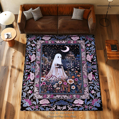 Pastel Witchy Reading Ghost Area Rug | Lavender Purple Whimsigoth Autumn Reading Bedroom Rug Mystical Cottagecore Decor Celestial Accent |
