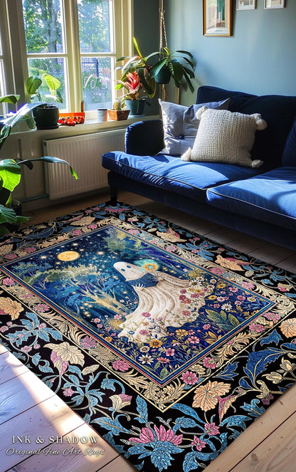 Spell Book Ghost Forest Area Rug | Mystical Book Rug Halloween Bedroom Decor Whimsigoth Cottagecore Reading Nook Celestial Autumn Home Style