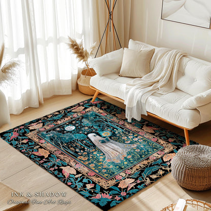 Daisy Garden Witchy Ghost Area Rug | Autumn Forest Accent Rug Whimsical Spirit Garden Reading Nook Celestial Gothic Bedroom Halloween Decor