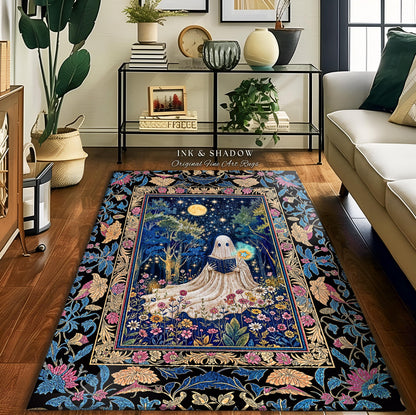 Spell Book Ghost Forest Area Rug | Mystical Book Rug Halloween Bedroom Decor Whimsigoth Cottagecore Reading Nook Celestial Autumn Home Style