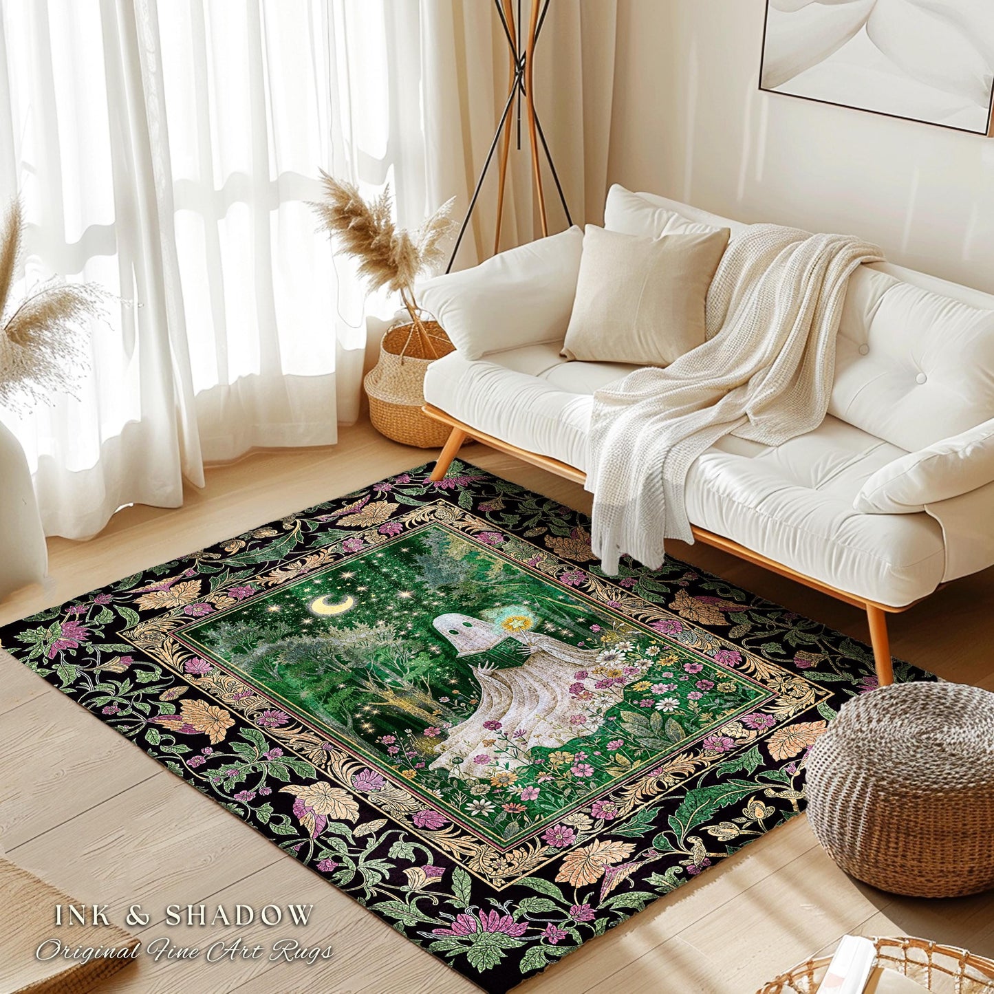 Enchanted Forest Reading Ghost Rug | Mystical Celestial Book Nook Cottagecore Bedroom Whimsigoth Halloween Spirit Home Accent Gothic Style