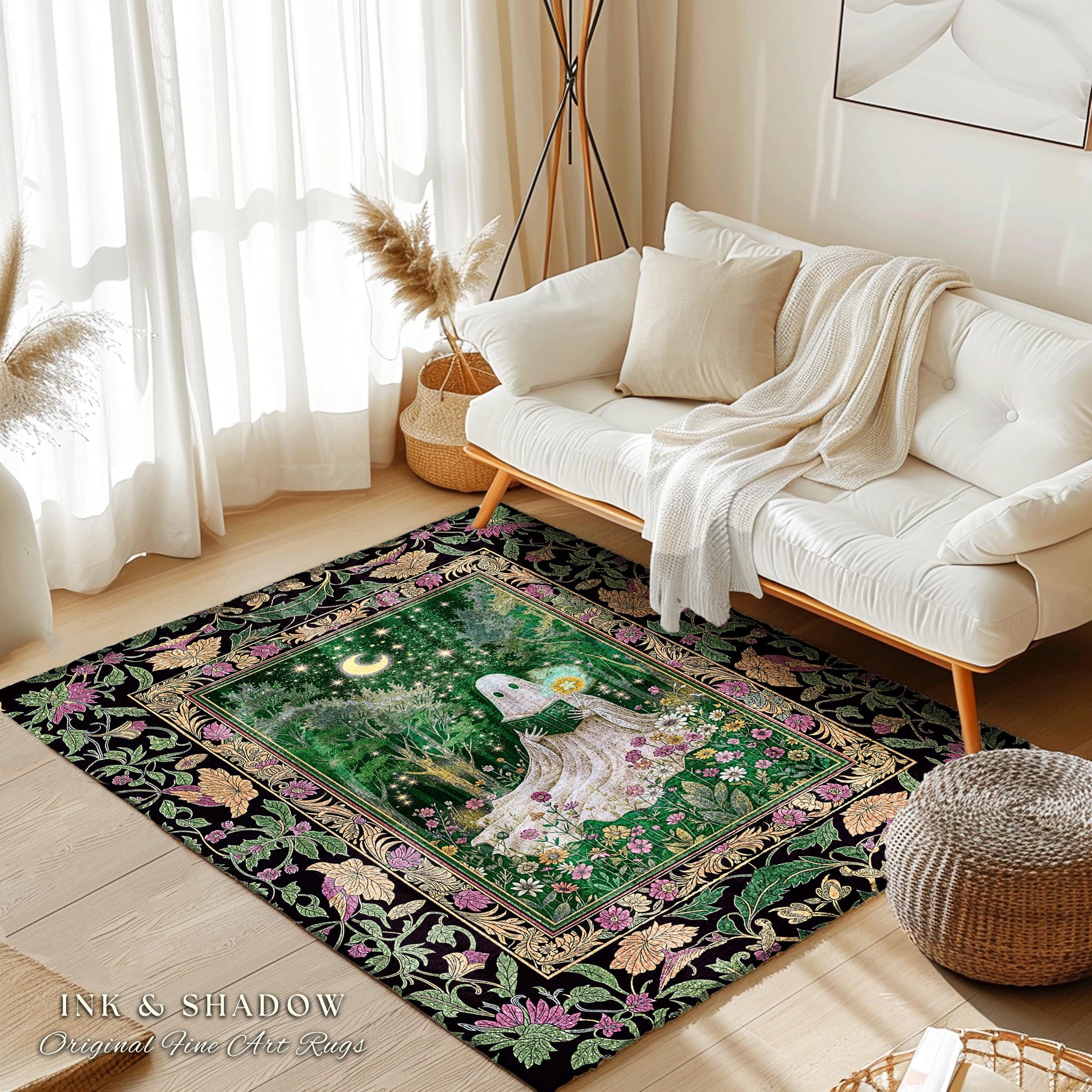 Enchanted Forest Reading Ghost Rug | Mystical Celestial Book Nook Cottagecore Bedroom Whimsigoth Halloween Spirit Home Accent Gothic Style
