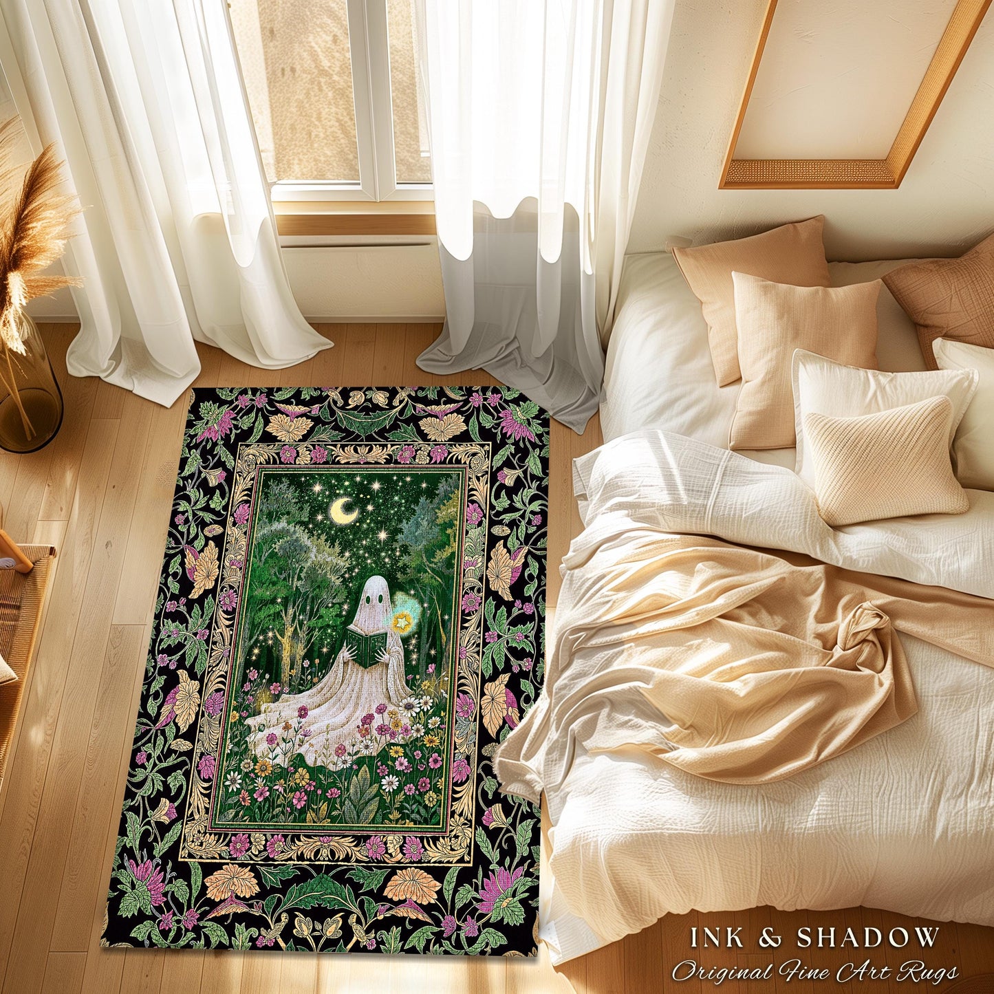 Enchanted Forest Reading Ghost Rug | Mystical Celestial Book Nook Cottagecore Bedroom Whimsigoth Halloween Spirit Home Accent Gothic Style