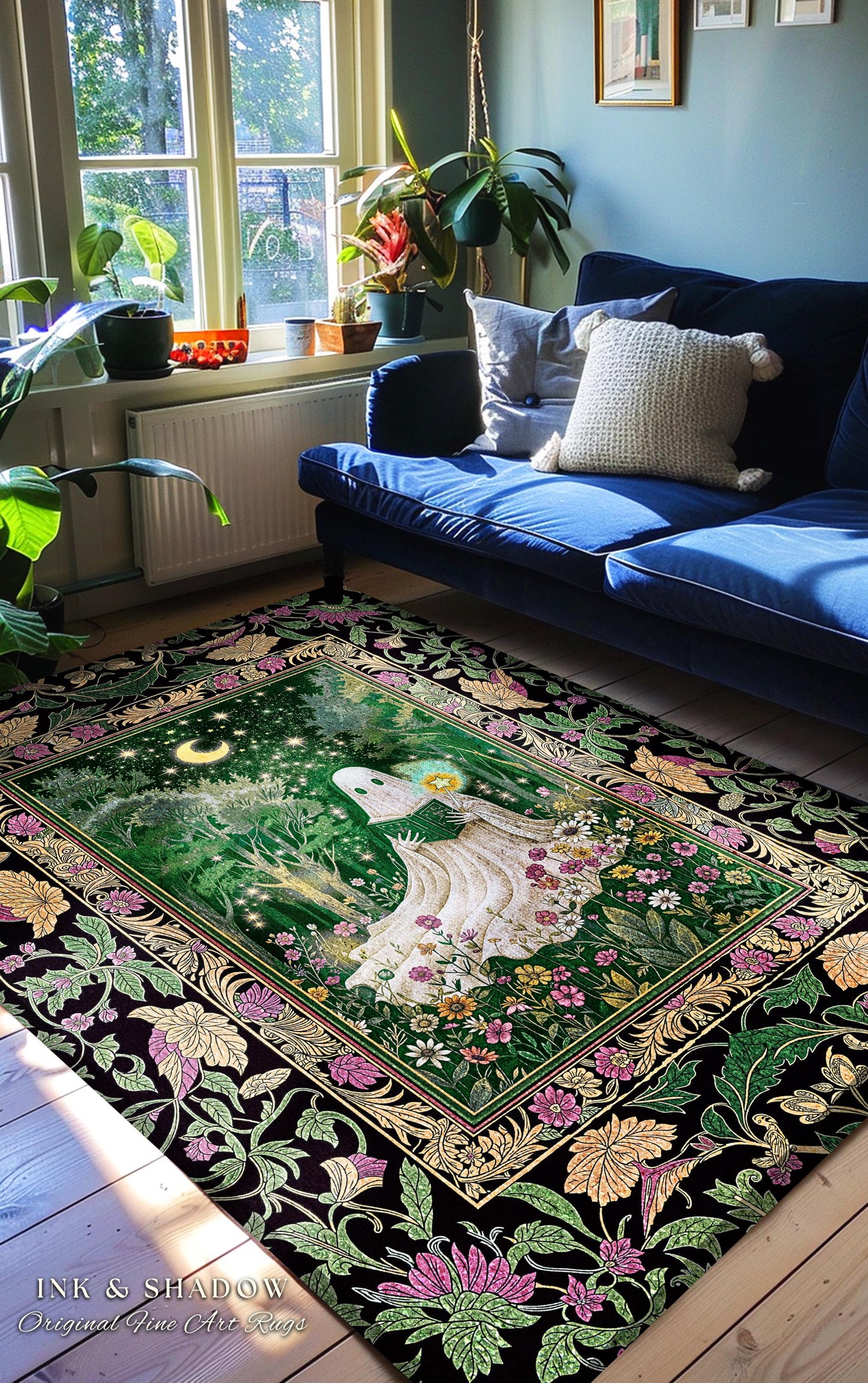 Enchanted Forest Reading Ghost Rug | Mystical Celestial Book Nook Cottagecore Bedroom Whimsigoth Halloween Spirit Home Accent Gothic Style