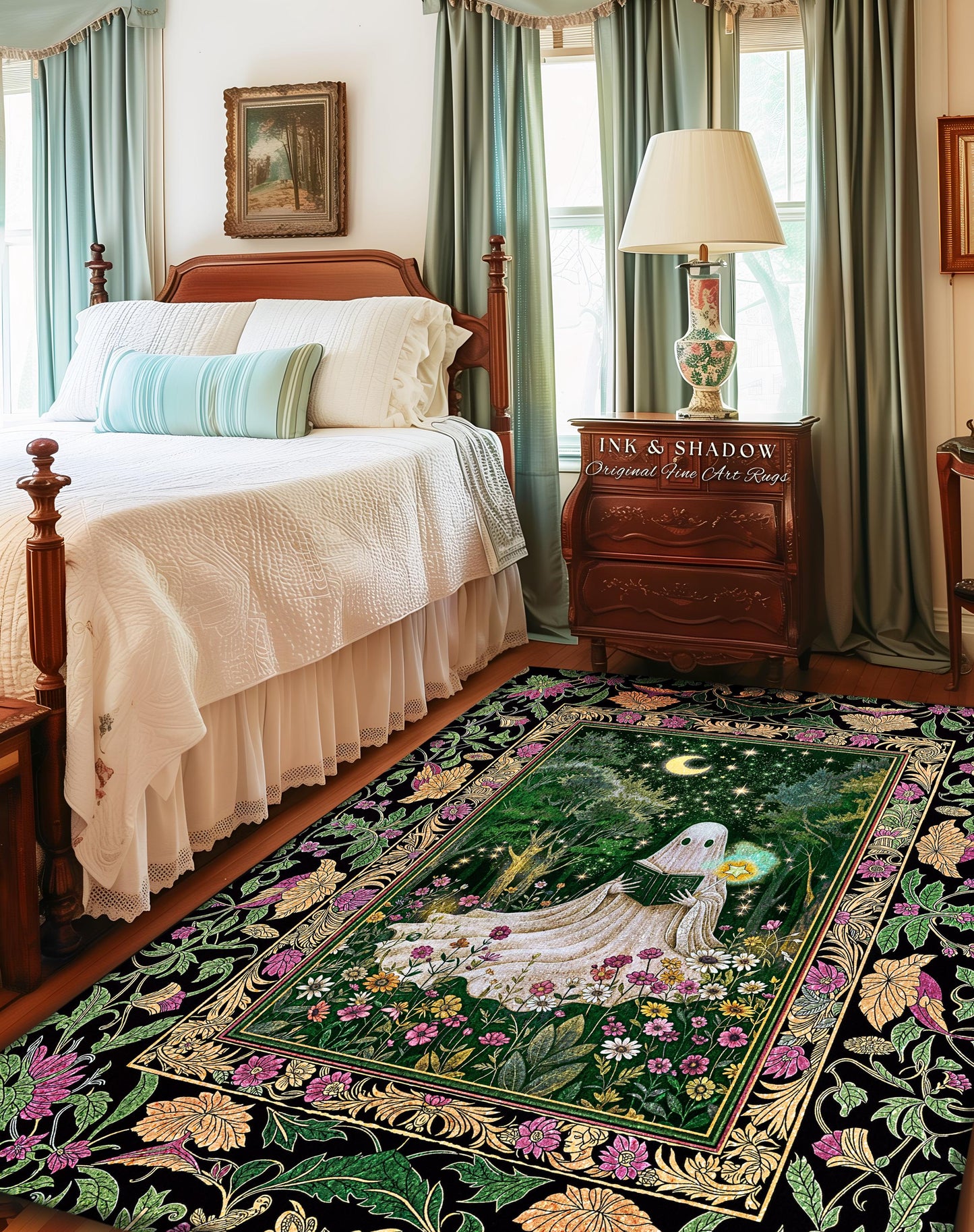 Enchanted Forest Reading Ghost Rug | Mystical Celestial Book Nook Cottagecore Bedroom Whimsigoth Halloween Spirit Home Accent Gothic Style