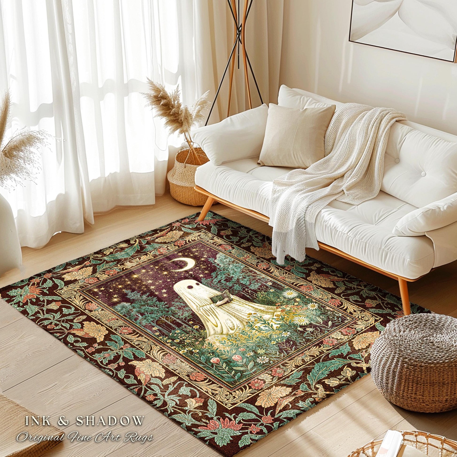 Haunted Midnight Reading Ghost Rug | Gothic Fairytale Bedroom Accent Mystical Cottagecore Decor Celestial Autumn Rug Whimsigoth Witchy Style