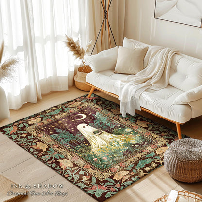 Haunted Midnight Reading Ghost Rug | Gothic Fairytale Bedroom Accent Mystical Cottagecore Decor Celestial Autumn Rug Whimsigoth Witchy Style