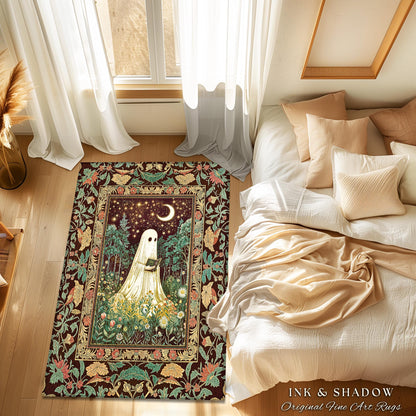 Haunted Midnight Reading Ghost Rug | Gothic Fairytale Bedroom Accent Mystical Cottagecore Decor Celestial Autumn Rug Whimsigoth Witchy Style