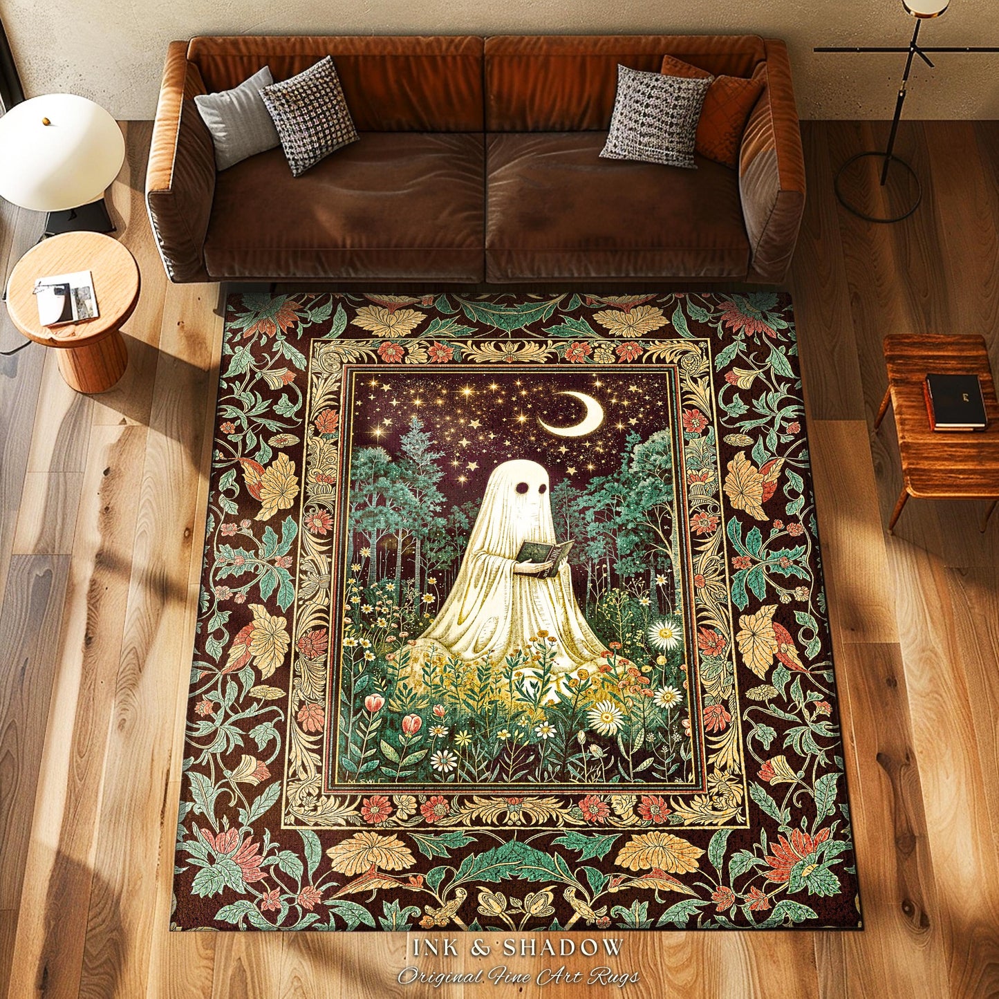 Haunted Midnight Reading Ghost Rug | Gothic Fairytale Bedroom Accent Mystical Cottagecore Decor Celestial Autumn Rug Whimsigoth Witchy Style