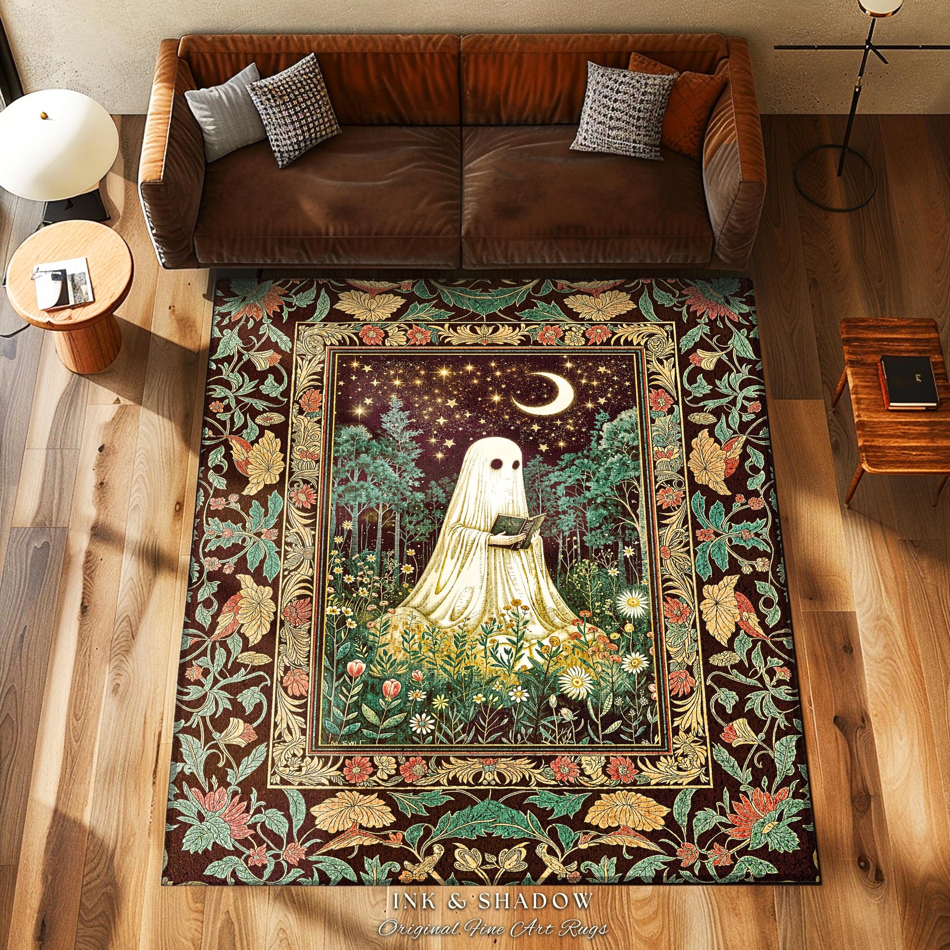 Haunted Midnight Reading Ghost Rug | Gothic Fairytale Bedroom Accent Mystical Cottagecore Decor Celestial Autumn Rug Whimsigoth Witchy Style