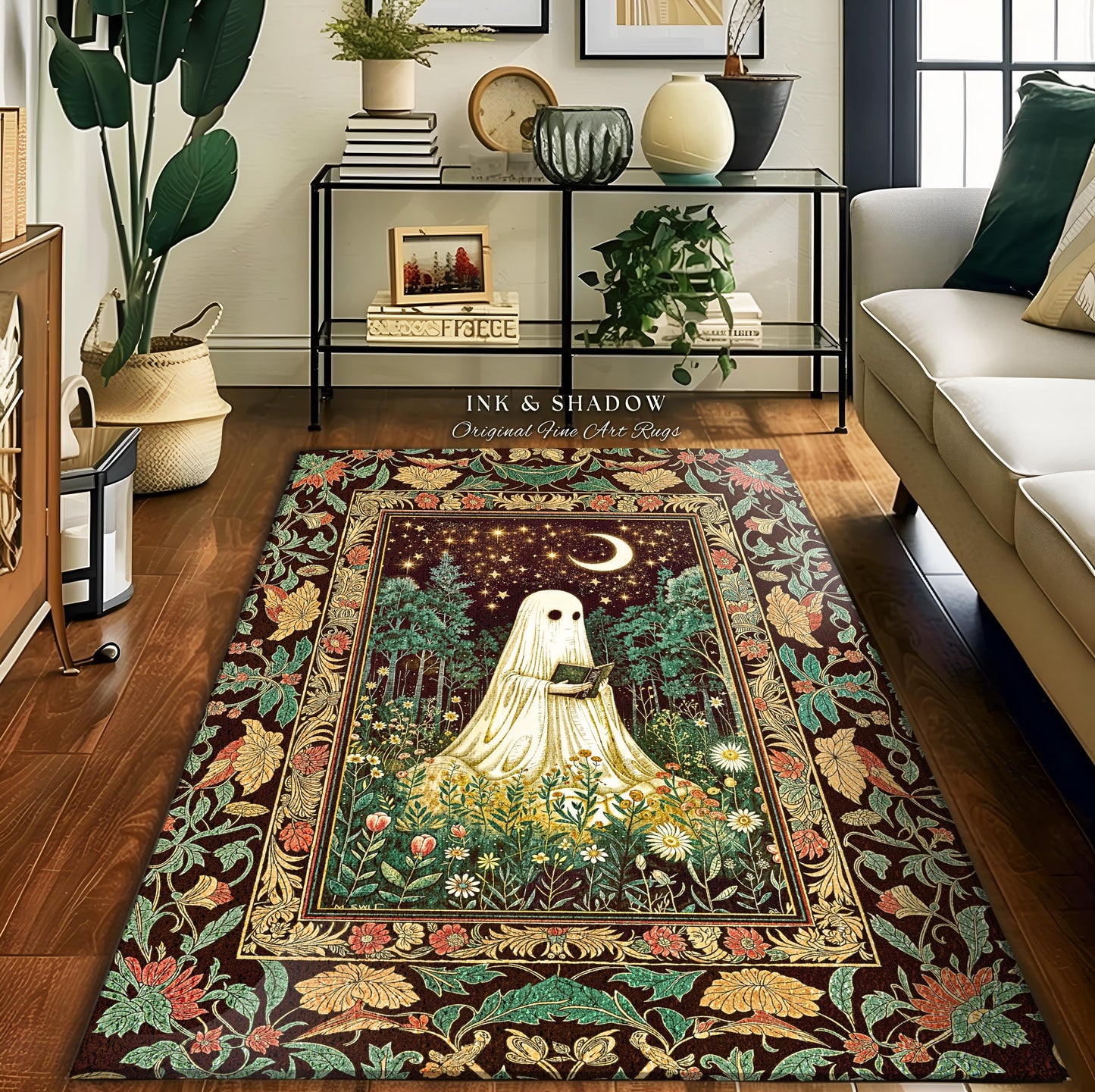 Haunted Midnight Reading Ghost Rug | Gothic Fairytale Bedroom Accent Mystical Cottagecore Decor Celestial Autumn Rug Whimsigoth Witchy Style