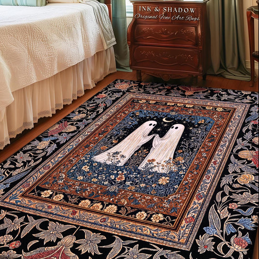 Cute Moonlit Botanical Ghost Area Rug | Whimsical Cottagecore Gothic Bedroom Decor Mystical Fall Accent Witchy Floral Enchanted Aesthetic |