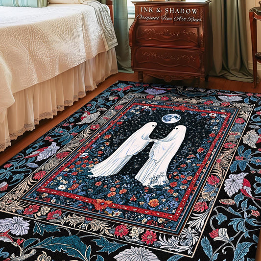 Crimson Gilded Ghost Lovers Rug | Dark Cottagecore Accent Celestial Bedroom Decor Witch-Inspired Whimsigoth Gothic Enchanted Cozy Aesthetic