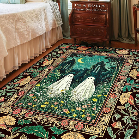 Twilight Floral Ghost Area Rug | Dark Academia Woodland Bedroom Accent Spooky Decor Witchy Fairytale Rug Enchanted Forest Cute Halloween |