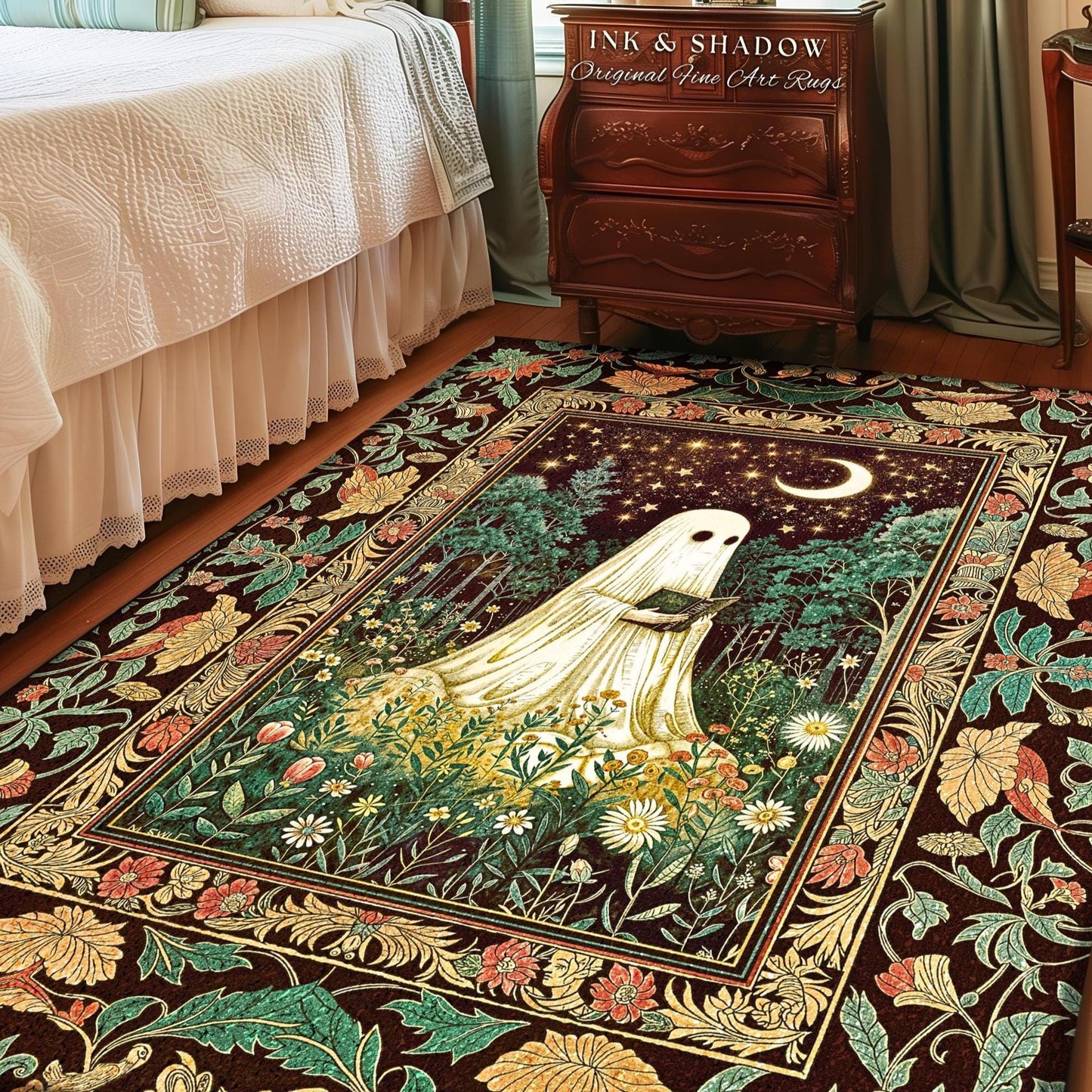Haunted Midnight Reading Ghost Rug | Gothic Fairytale Bedroom Accent Mystical Cottagecore Decor Celestial Autumn Rug Whimsigoth Witchy Style