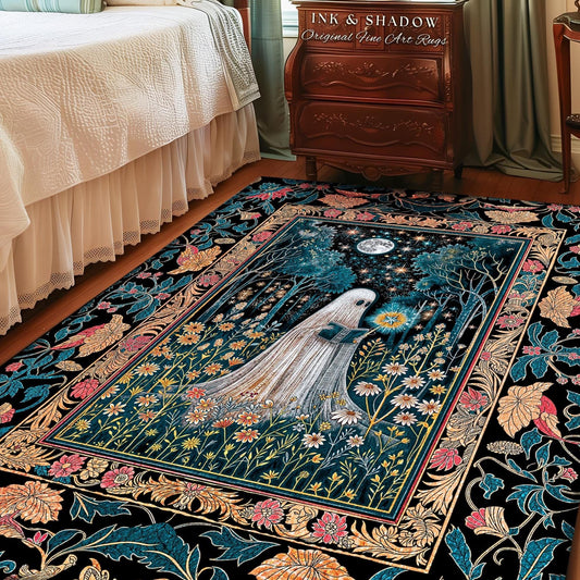 Daisy Garden Witchy Ghost Area Rug | Autumn Forest Accent Rug Whimsical Spirit Garden Reading Nook Celestial Gothic Bedroom Halloween Decor