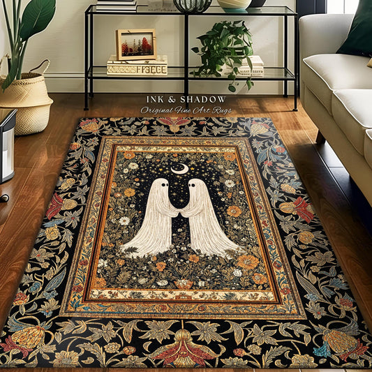 Celestial Starlit Lovers Area Rug | Celestial Cottagecore Halloween Ghost Accent Gothic Bedroom Decor Cozy Dark Floral Whimsigoth Aesthetic
