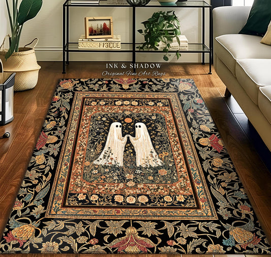 Harvest Moon Floral Ghost Rug | Woodland Halloween Cottagecore Bedroom Decor Whimsigoth Floral Accent Cozy Celestial Spirit Enchanted Gothic