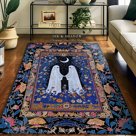 Midnight Garden Spirits Area Rug | Whimsical Halloween Bedroom Accent Celestial Decor Cottagecore Witchy Whimsigoth Aesthetic Dark Academia