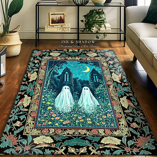 Witchy Baroque Ghost Garden Rug | Cozy Halloween Accent Enchanted Ghost Decor Whimsical Academia Bedroom Celestial Cottagecore Floral Style