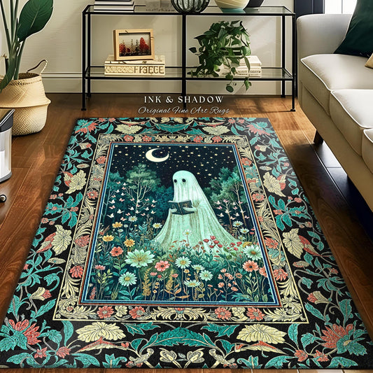 Twilight Magic Reading Ghost Rug | Mystical Cottagecore Halloween Rug Celestial Haunted Book Nook Accent Whimsigoth Home Decor Bookish Style