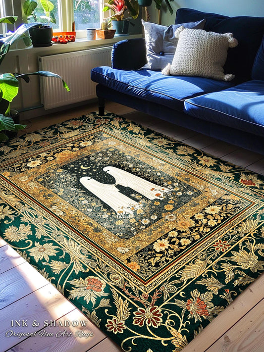 Golden Ornate Floral Ghost Rug | Cottagecore Gothic Decor Cozy Bedroom Accent Whimsical Rug Dark Academia Aesthetic Whimsigoth Home Style |