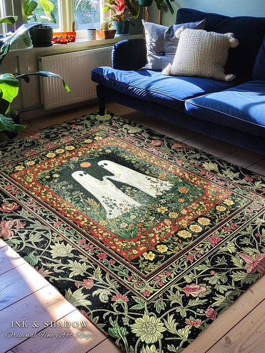 Baroque Haunted Garden Ghost Rug | Elegant Halloween Dark Cottagecore Bedroom Accent Whimsigoth Haunted Cozy Spirit Floral Enchantment Boho