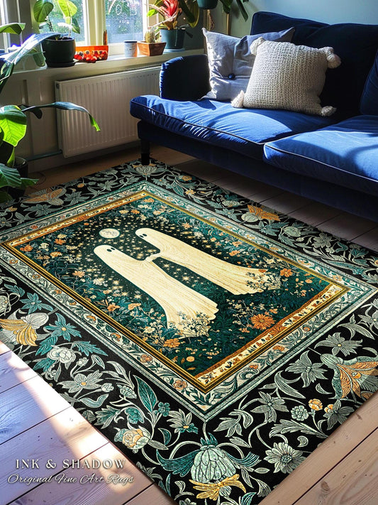 Autumn Aesthetic Cute Ghost Rug | Whimsical Scandinavian Halloween Decor Dark Cottagecore Haunted Home Accent Celestial Enchanted Style |