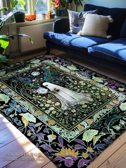 Gothic Maximalist Moody Ghost Area Rug | Moonlit Ethereal Cottagecore Rug Celestial Reading Room Accent Whimsical Bedroom Halloween Decor |