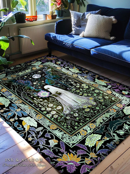 Gothic Maximalist Moody Ghost Area Rug | Moonlit Ethereal Cottagecore Rug Celestial Reading Room Accent Whimsical Bedroom Halloween Decor |