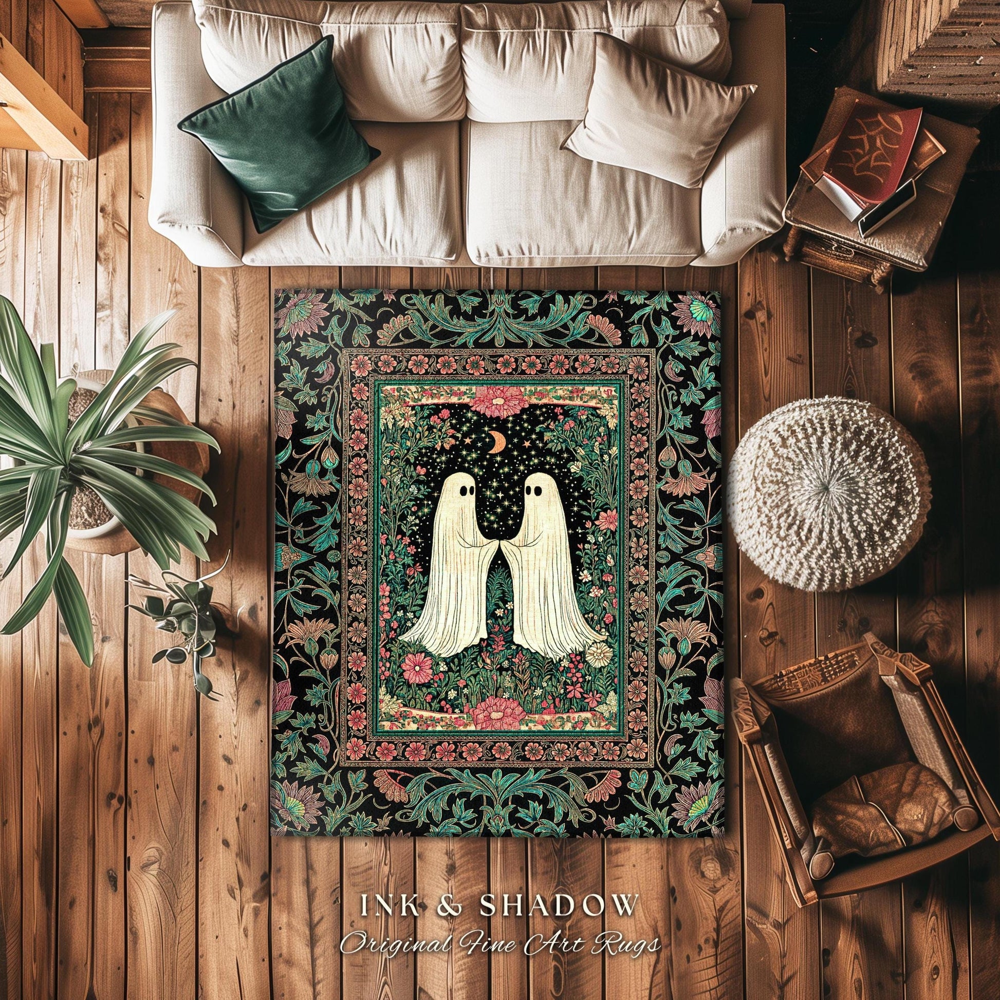 Dreamy Botanical Garden Ghost Rug | Witchy Pastel Cottagecore Bedroom Accent Whimsigoth Decor Cozy Enchanted Celestial Gothic Aesthetic |
