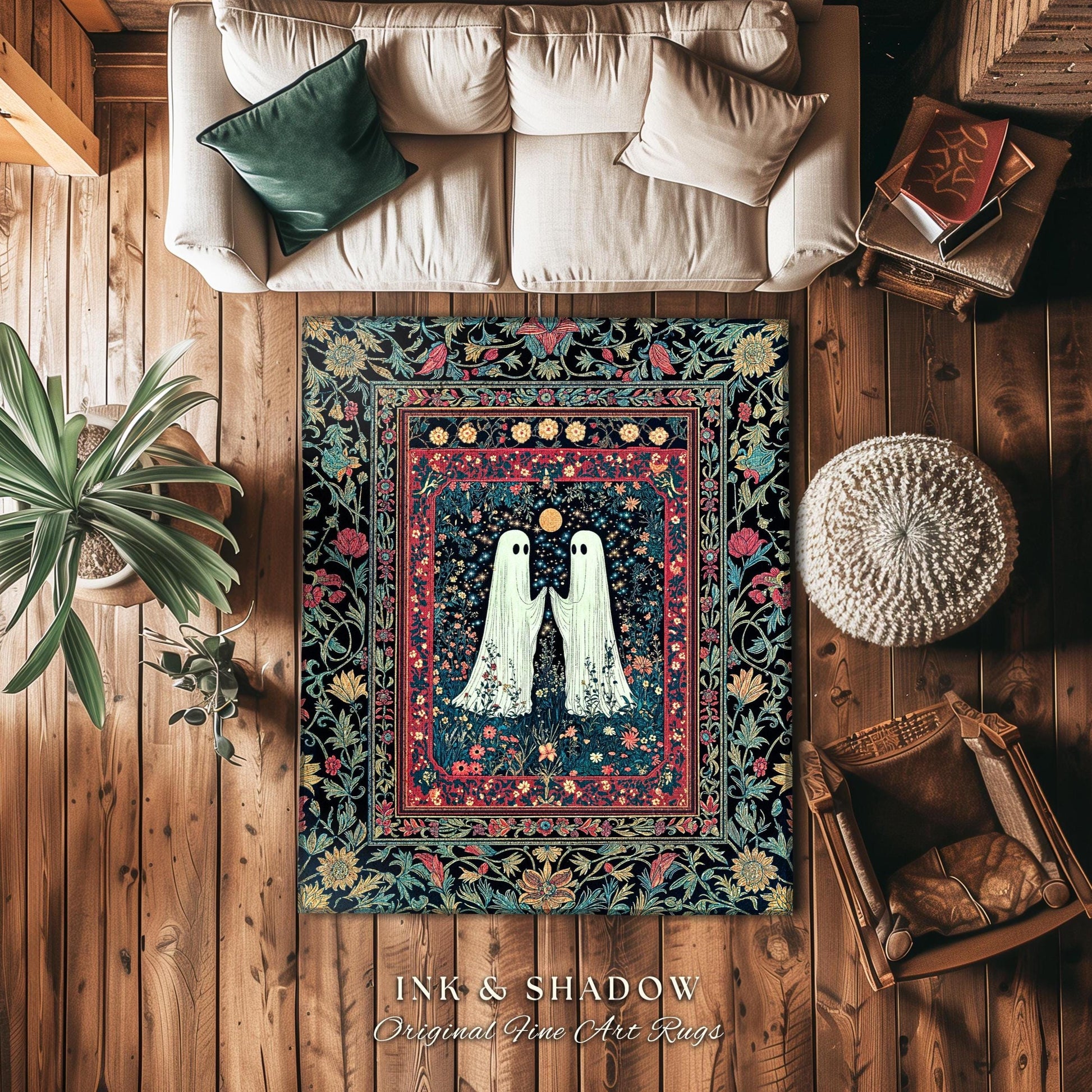 Maximalist Gothic Ghost Area Rug | Moody Whimsigoth Bedroom Decor Cozy Halloween Accent Celestial Floral Gothic Haunted Spirit Enchanted Rug